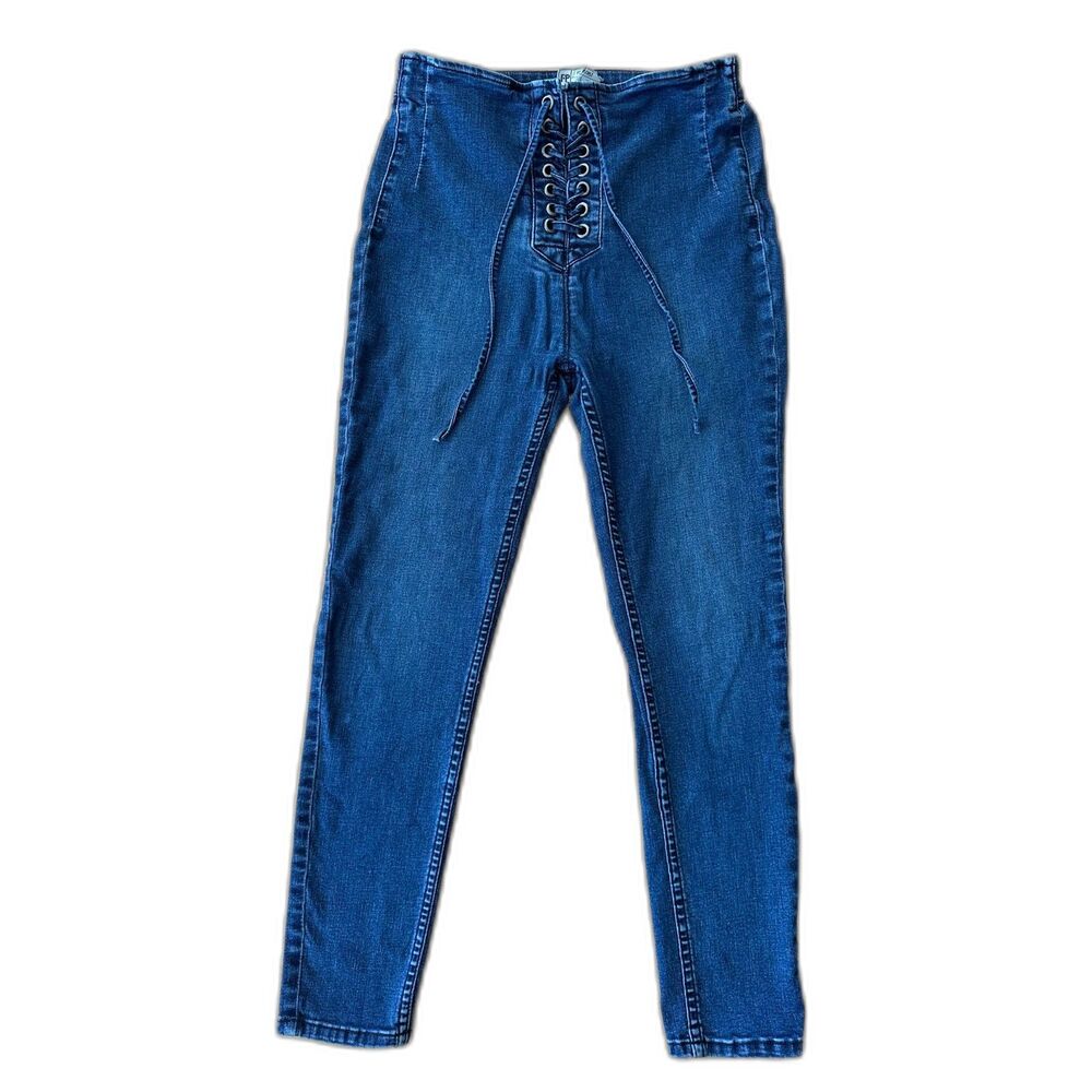 Free People Lace Up Front High Waisted Skinny Jeans Blue Denim size 28 Festival